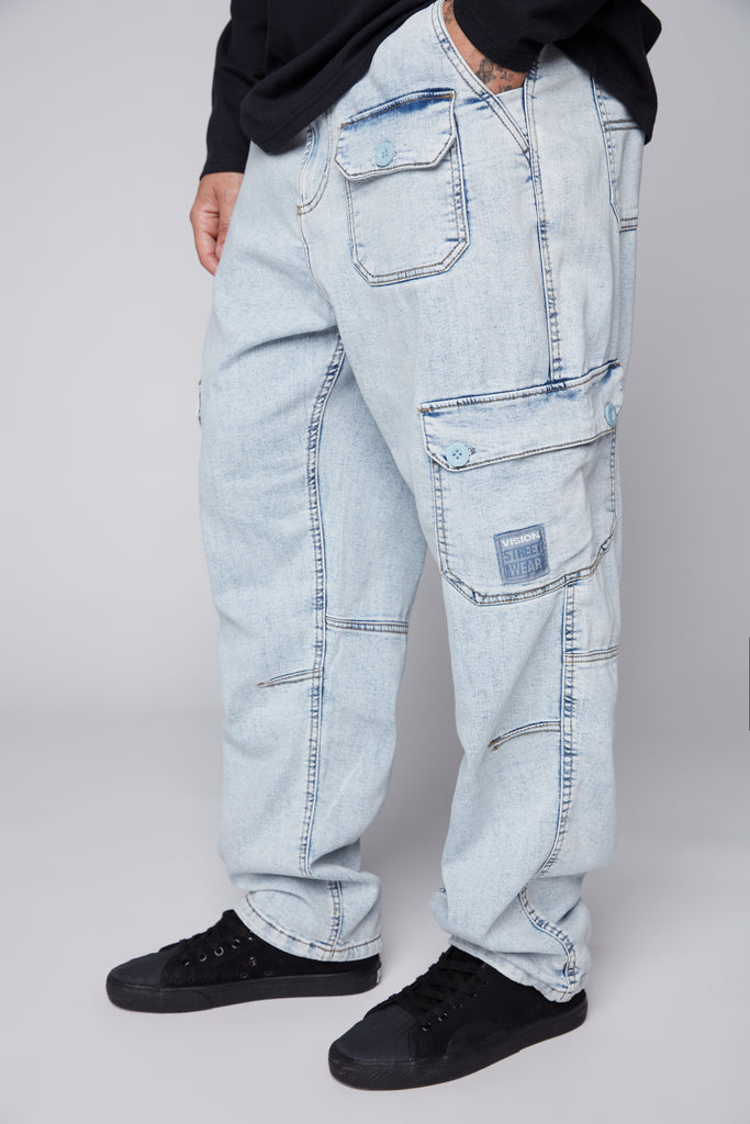 GELFAND - Loose Fit Cargo Pant with Adjustable Hems - Light Blue Denim VISION STREET WEAR