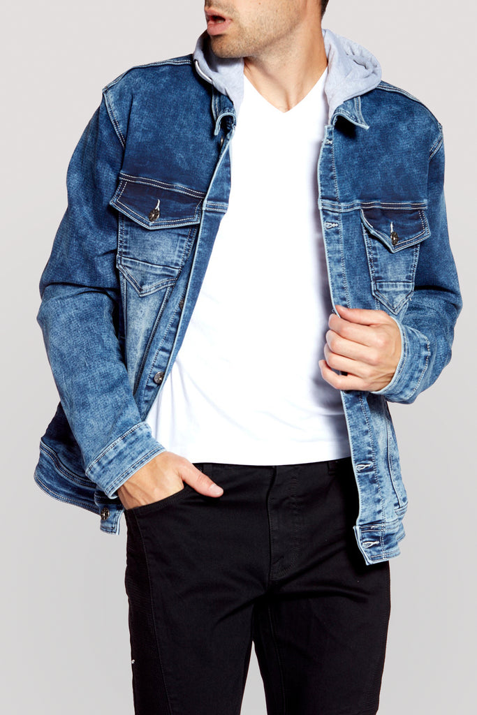 Men's Denim Jacket With Built-In Hood - Medium Blue Acid Wash BAUHAUS