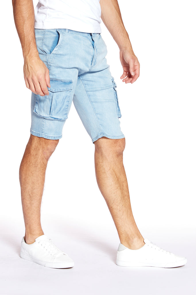 PRESLEY - Zip Front Cargo Shorts - Light Blue Bleach - DENIM SOCIETY™