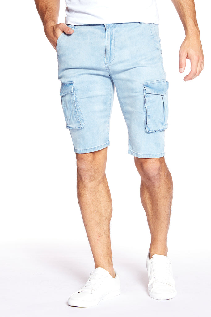 PRESLEY - Zip Front Cargo Shorts - Light Blue Bleach - DENIM SOCIETY™