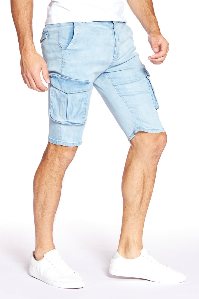 PRESLEY - Zip Front Cargo Shorts - Light Blue Bleach - DENIM SOCIETY™