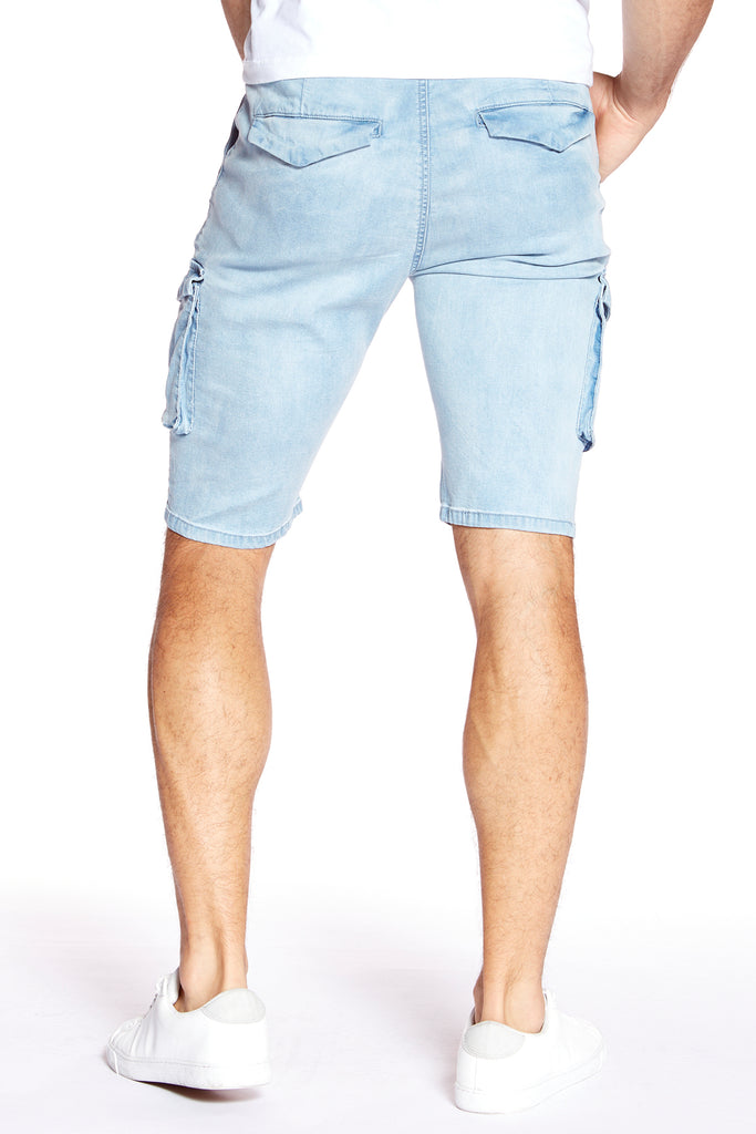 PRESLEY - Zip Front Cargo Shorts - Light Blue Bleach - DENIM SOCIETY™